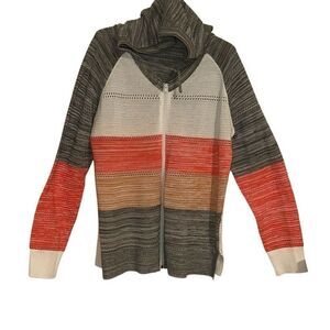 Multicolor Stripe Colorblock Pointelle Knit Full Hooded Sweater Ladies Large
